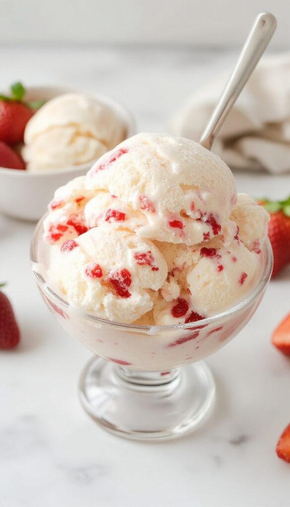 A bowl of creamy strawberry shortcake ice cream topped with fresh strawberries and crumbled cake pieces, served in a glass dish.