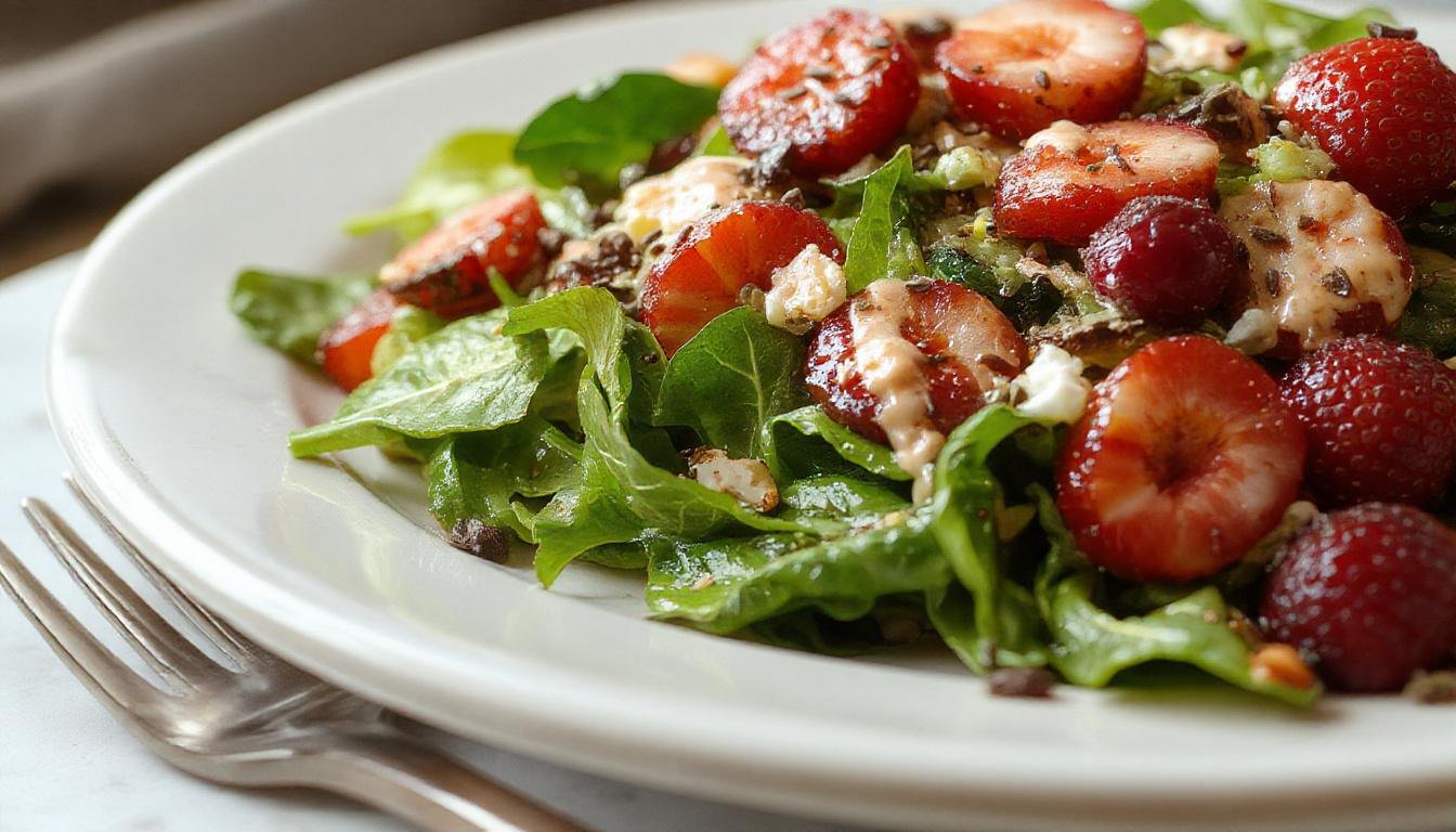 A vibrant spinach salad featuring fresh, bright green spinach leaves topped with sliced strawberries, sprinkled with poppy seeds, and drizzled with a light dressing. The salad is presented in a clear glass bowl, highlighting the colorful ingredients and fresh textures.