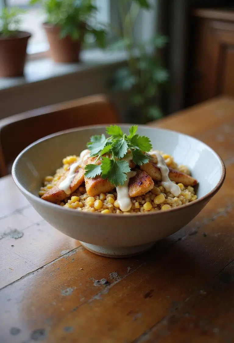 A realistic picture of a Street Corn Chicken Rice Bowl on a cozy home dining table, showing seasoned rice, grilled chicken, charred corn, cilantro, and sauce in a colorful, appetizing presentation.