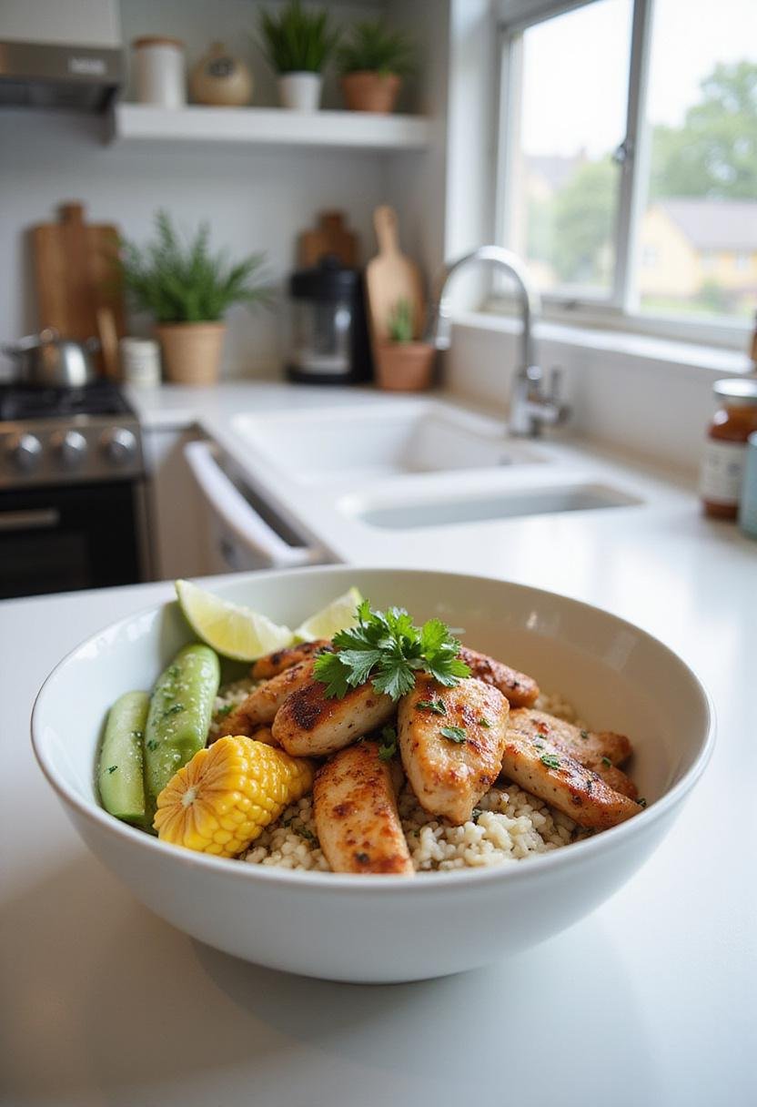 A realistic image of a Street Corn Chicken Rice Bowl on a kitchen counter with a bowl of rice, chicken, corn, and herbs, in a modern kitchen setting with natural light.