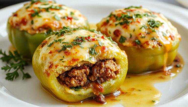 Colorful bell peppers, filled with seasoned rice and ground beef, topped with melted cheese, presented on a rustic plate with fresh herbs, showcasing a vibrant and appetizing appearance.