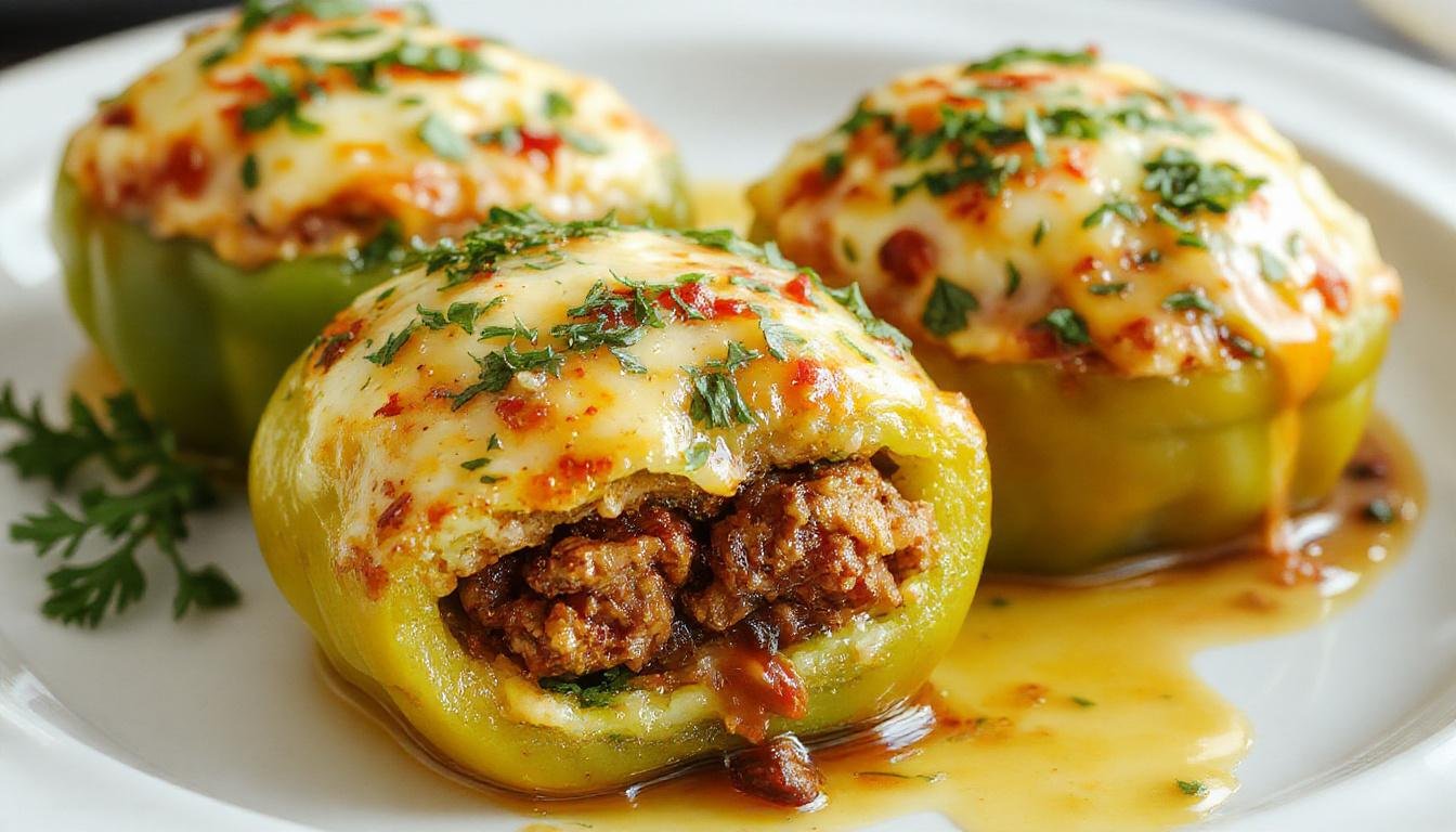 Colorful bell peppers, filled with seasoned rice and ground beef, topped with melted cheese, presented on a rustic plate with fresh herbs, showcasing a vibrant and appetizing appearance.