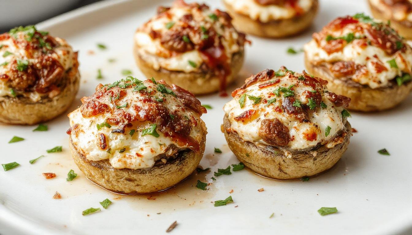 Close-up of golden-brown stuffed mushrooms topped with melted cream cheese and savory sausage bits, arranged neatly on a rustic wooden platter with fresh herbs sprinkled around. The mushrooms are plump, with a crispy edge, showcasing a creamy, savory filling that highlights their tender caps.