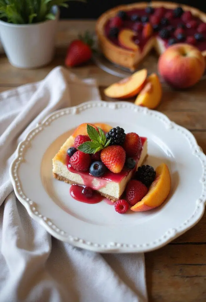 A slice of summer berry and peach cheesecake served on a white plate in a cozy home setting with fresh berries and peach slices, highlighting the colorful and refreshing dessert.