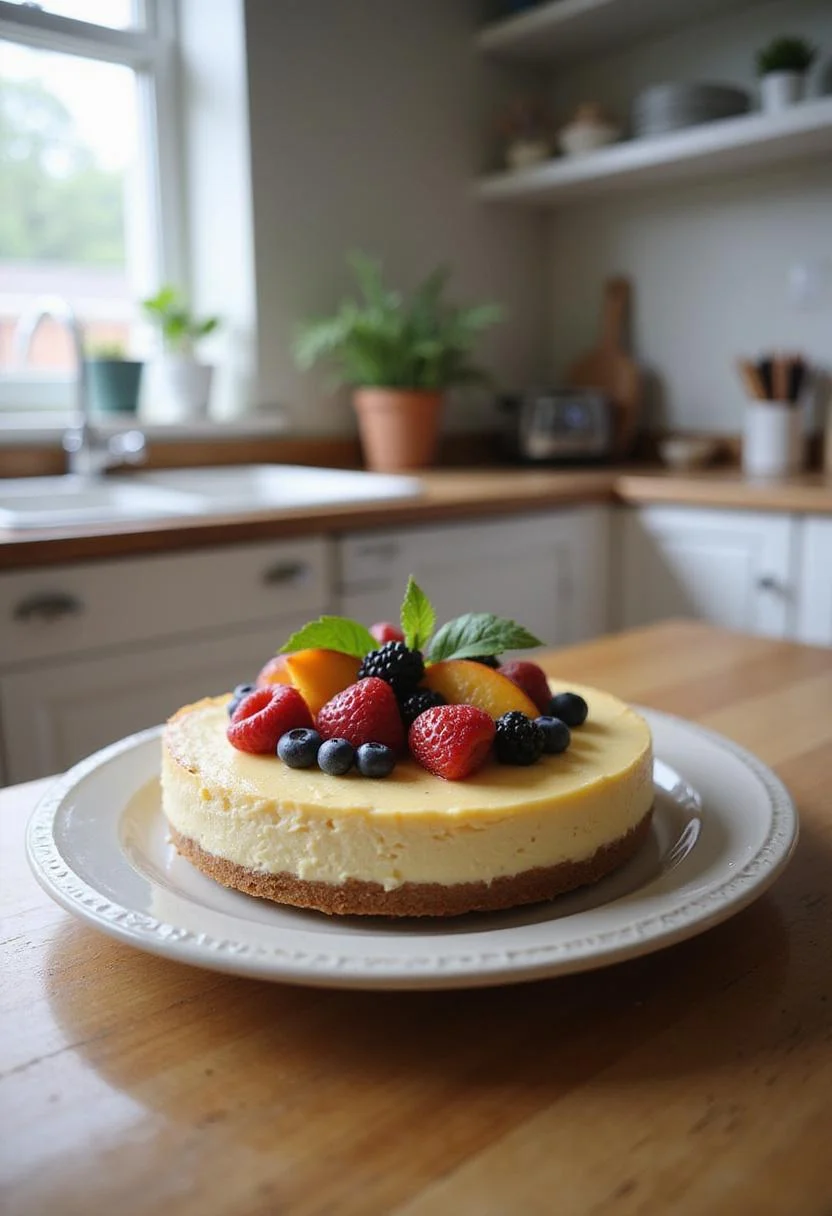 A finished summer berry and peach cheesecake on a ceramic plate in a kitchen setting, decorated with fresh berries and peach slices, with natural lighting illuminating the scene.