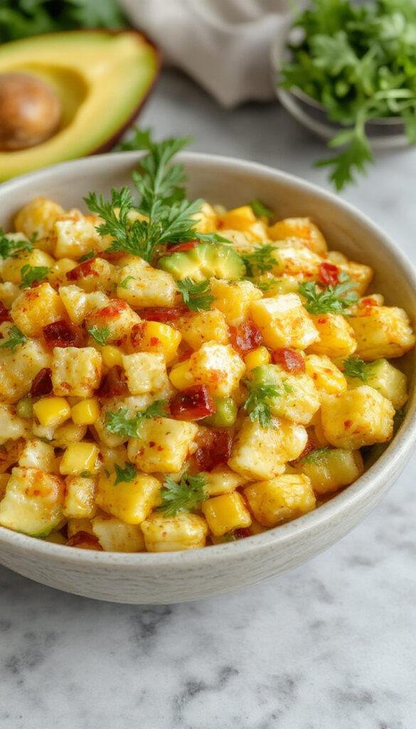 A vibrant summer corn salad with fresh avocado slices, cherry tomatoes, and chopped herbs served in a white bowl.
