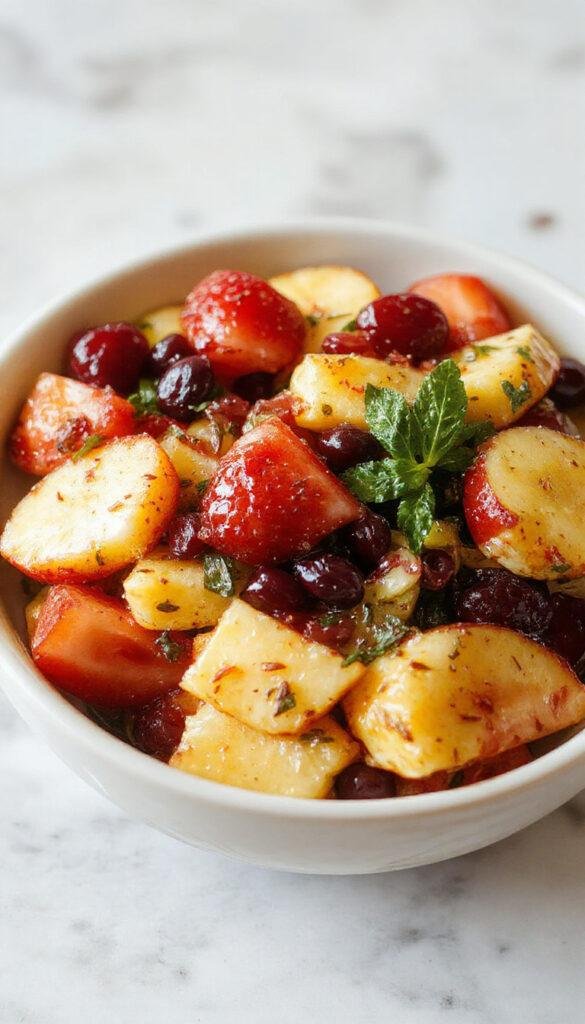 A vibrant summer fruit salad featuring slices of watermelon, strawberries, blueberries, kiwi, and mango arranged in a colorful bowl