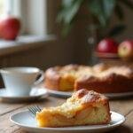 A close-up of a sliced Swedish Apple Cake on a white plate, showing the moist apple filling and golden crust, in a cozy home kitchen setting with warm lighting and wooden surfaces.