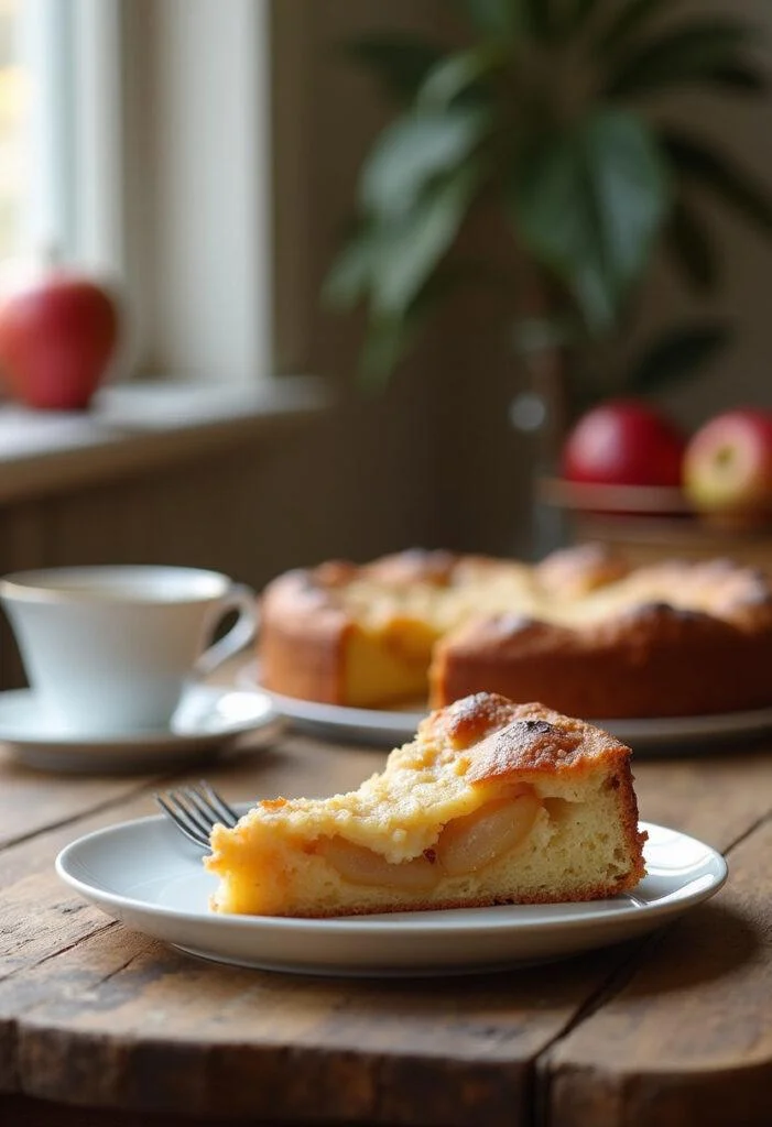 A close-up of a sliced Swedish Apple Cake on a white plate, showing the moist apple filling and golden crust, in a cozy home kitchen setting with warm lighting and wooden surfaces.