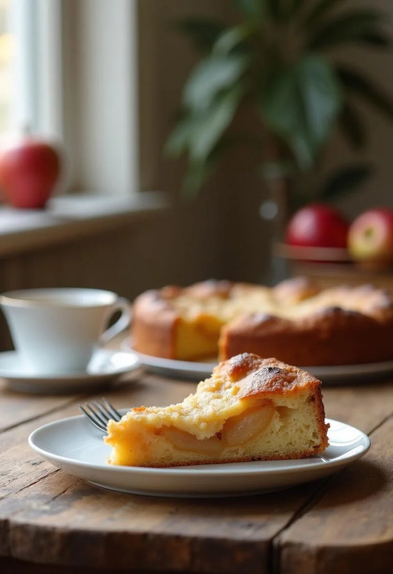 A close-up of a sliced Swedish Apple Cake on a white plate, showing the moist apple filling and golden crust, in a cozy home kitchen setting with warm lighting and wooden surfaces.