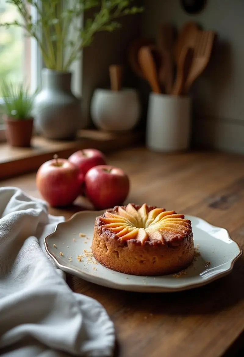 A realistic image of a Swedish Apple Cake served on a ceramic plate on a kitchen countertop, with fresh apples and a cloth nearby, under warm kitchen lighting that highlights the cake’s texture and the cozy setting.