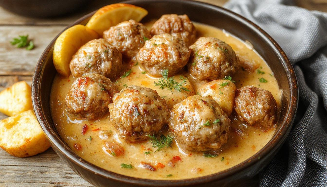 A plate of golden-brown Swedish meatballs arranged neatly on a white ceramic dish, topped with a creamy brown gravy and garnished with chopped parsley. The meatballs vary in size and have a crispy exterior, with the sauce enriching their appearance. The presentation is rustic yet refined, evoking a traditional Scandinavian style with a homey touch.