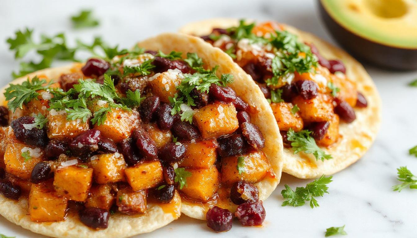 A close-up of three vibrant sweet potato and black bean tacos arranged on a white plate. The tacos are topped with fresh cilantro, diced red onions, and a drizzle of creamy sauce. The sweet potatoes are roasted to a golden brown and slightly crispy, complemented by the dark black beans. The colorful toppings add freshness and contrast against the warm, toasted corn tortillas.