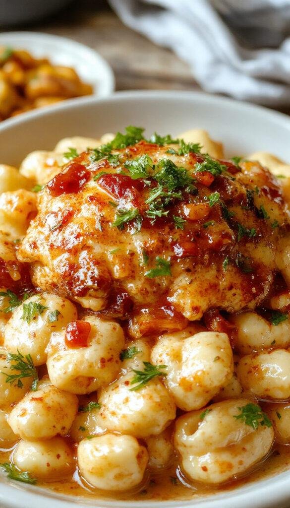 A plate of Honey Pepper Chicken paired with creamy macaroni cheese, garnished with fresh herbs and spicy pepper flakes, served on a rustic wooden table.