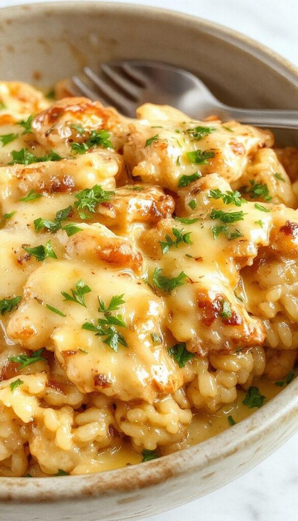 A hearty plate of creamy smothered chicken and rice garnished with fresh herbs, served in a rustic bowl.