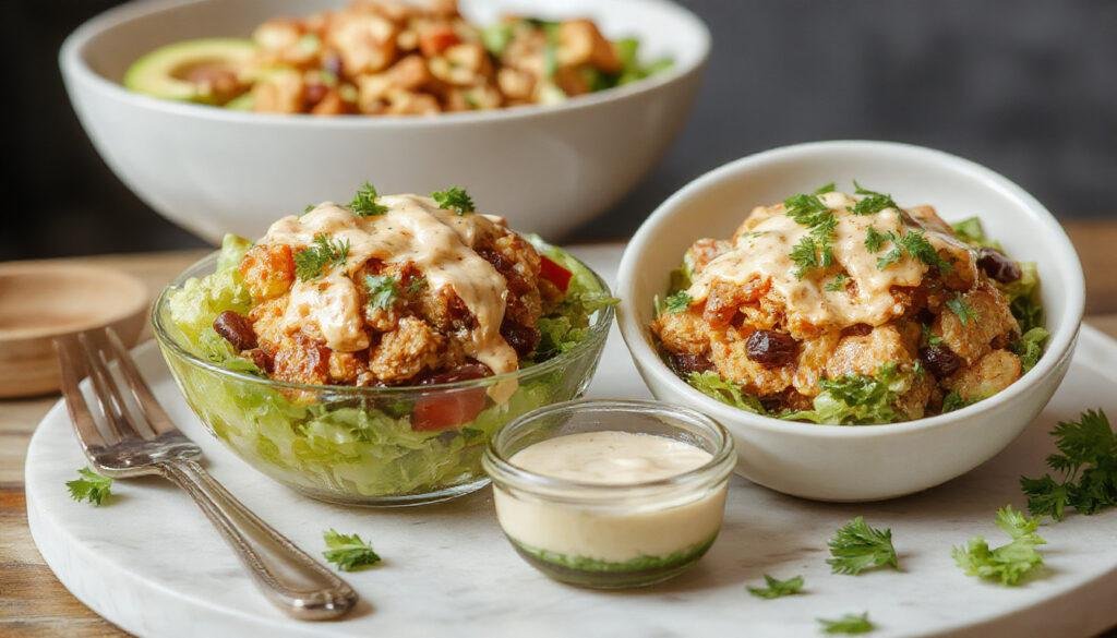 A vibrant taco salad bowl featuring crunchy lettuce, diced tomatoes, shredded cheese, seasoned ground beef, and topped with crispy tortilla chips. Drizzled with a bright orange Catalina dressing and garnished with fresh cilantro, all arranged in a rustic ceramic bowl on a wooden table.