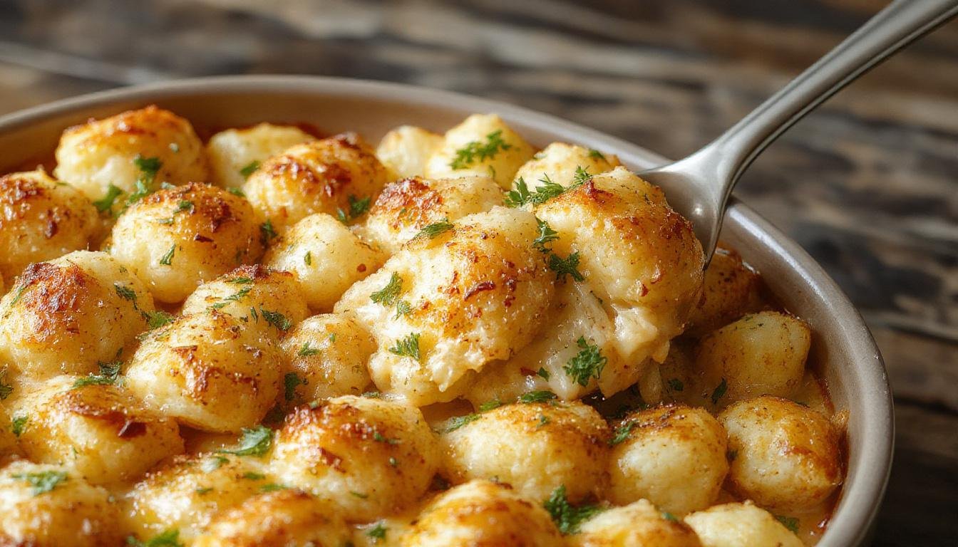 A golden-brown Tater Tot Casserole in a rectangular baking dish, topped with crispy tater tots and a bubbly cheesy sauce, garnished with chopped herbs. The casserole is subtly steaming, with a rich, inviting appearance that highlights the crispy topping and creamy layer underneath.