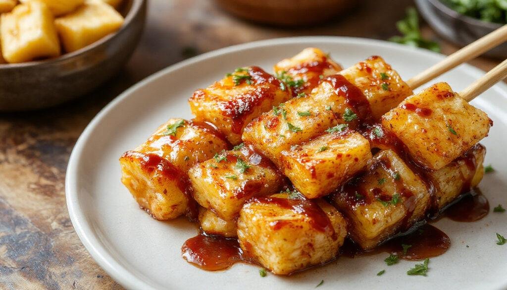 Colorful skewers featuring char-grilled chicken pieces glazed with glossy teriyaki sauce, interspersed with caramelized pineapple chunks, all neatly arranged on a white ceramic plate with a garnish of fresh green herbs. The skewers are placed on a rustic wooden surface with a slight smoky haze in the background, highlighting the juicy textures and vibrant golden-brown glaze.