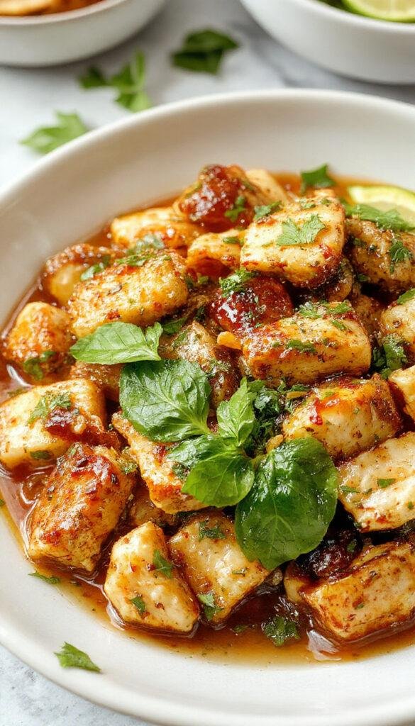 A vibrant plate of Thai Basil Chicken featuring stir-fried chicken, fresh basil leaves, red chili peppers, and jasmine rice garnished with lime slices.