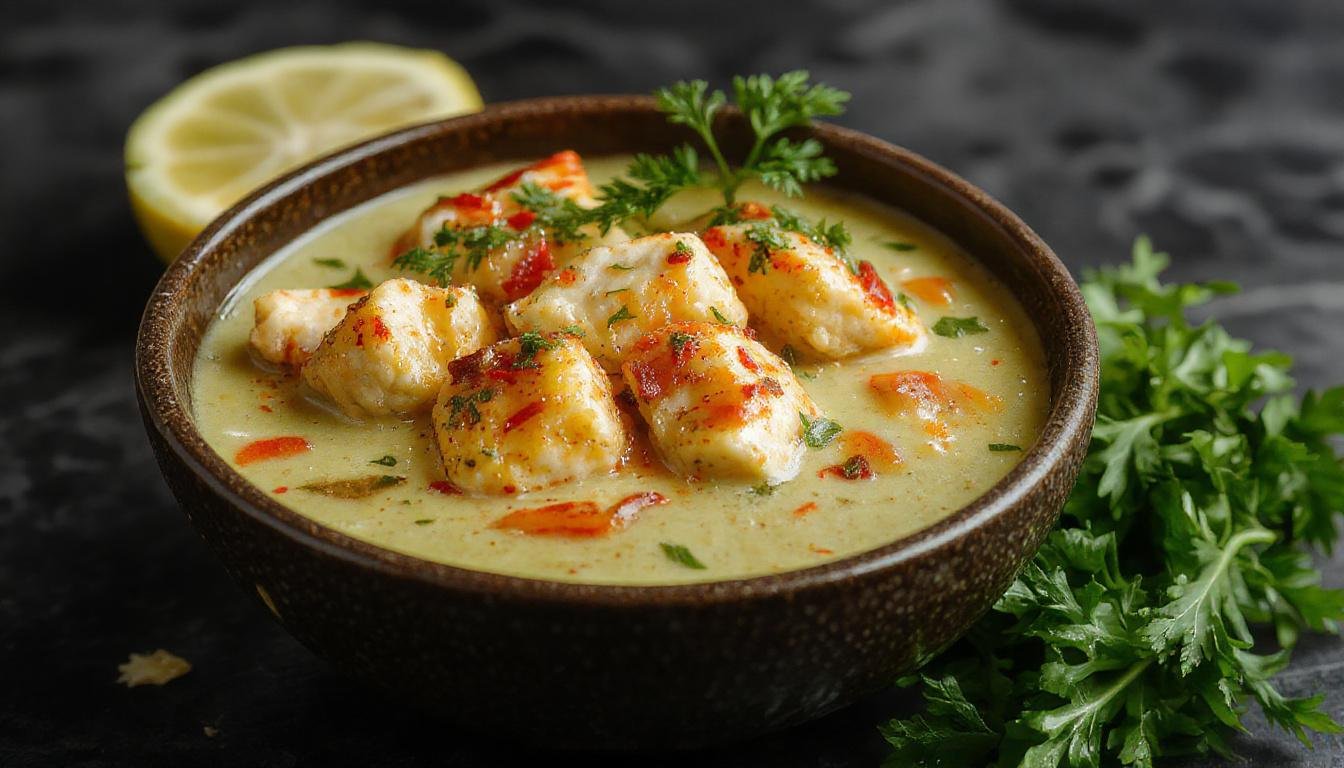 A vibrant green Thai green curry with tender pieces of chicken, garnished with fresh basil and red chili slices, served in a white bowl on a rustic wooden table with side jasmine rice and lime wedges