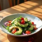 The BEST Avocado Salad plated on a white dish, featuring sliced avocados, cherry tomatoes, and herbs, in a cozy home setting with warm natural light.