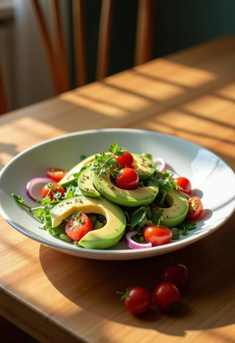 The BEST Avocado Salad plated on a white dish, featuring sliced avocados, cherry tomatoes, and herbs, in a cozy home setting with warm natural light.