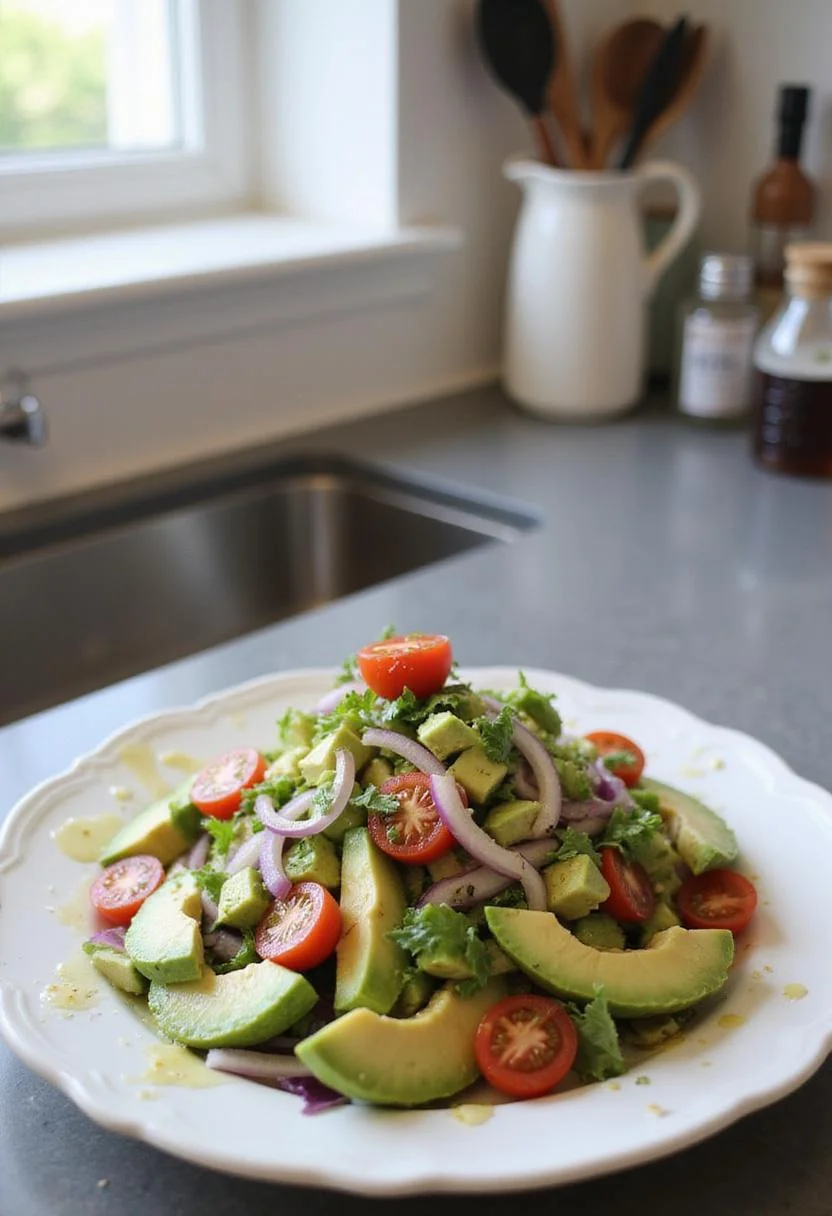 A close-up of the BEST Avocado Salad plated on a ceramic dish in a contemporary kitchen with fresh ingredients and natural lighting.