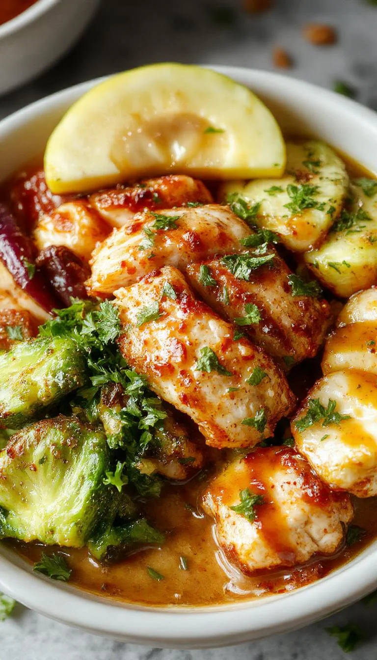 A vibrant bowl of Bang Bang Chicken featuring crispy chicken pieces topped with a creamy sauce, garnished with fresh herbs and colorful vegetables.