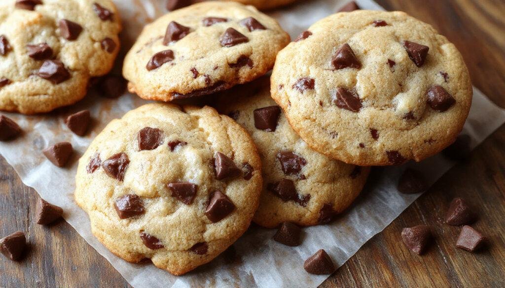 A close-up of freshly baked chewy chocolate chip cookies on a rustic wooden platter, featuring golden-brown edges, soft centers with slightly melted chocolate chips visible, and a light dusting of sea salt on top. The cookies are arranged overlapping, emphasizing their plump, chewy texture.