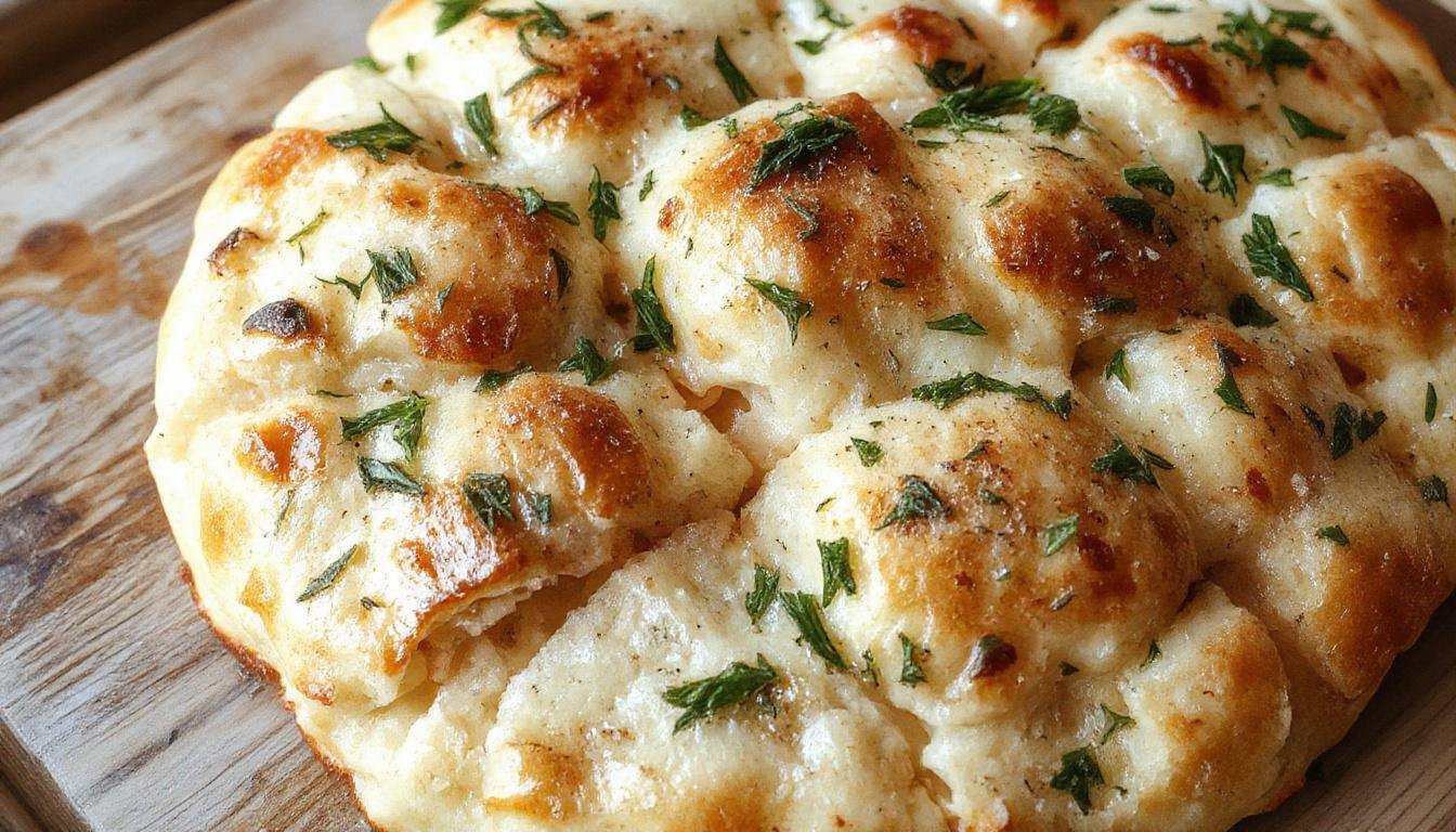 A golden-brown focaccia bread topped with fresh rosemary sprigs, sprinkled with sea salt, displaying its airy texture and crispy crust. The bread is sliced open, revealing its soft, bubbled interior, and is garnished with olive oil drizzles and additional herbs, served on a rustic wooden board.