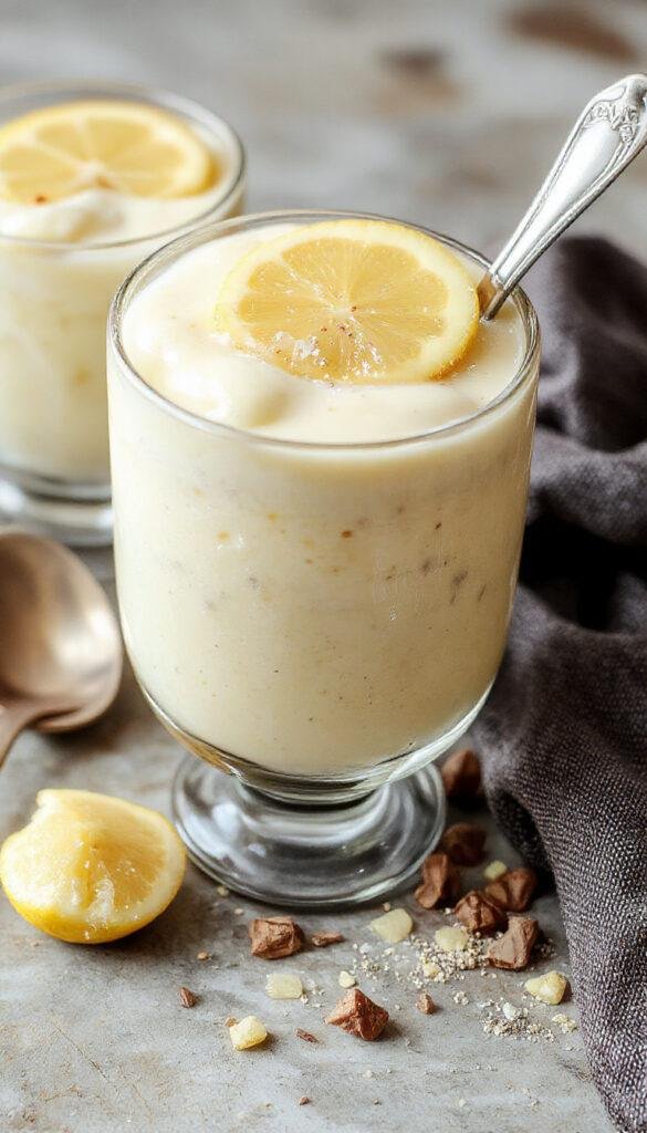 A glass jar filled with creamy lemon chia pudding topped with fresh lemon slices and mint leaves, with a spoon beside it highlighting its smooth texture.