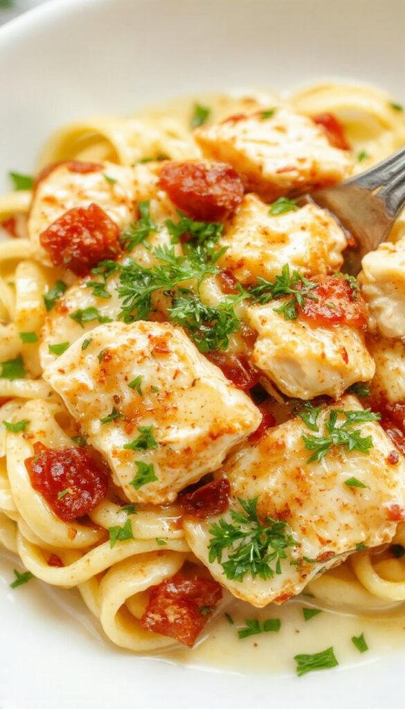 A plate of Marry Me Chicken Pasta topped with fresh herbs, showcasing creamy sauce and tender chicken pieces, ready to serve.