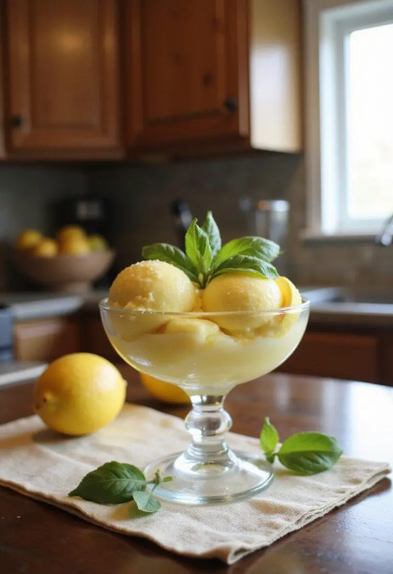 A refreshing lemon basil sorbet in a glass bowl, garnished with basil leaves and lemon slices, displayed on a cozy kitchen countertop with warm natural light and rustic kitchen elements.