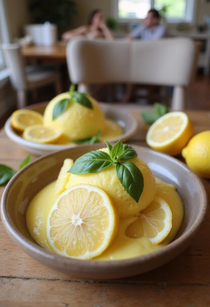 A beautifully plated lemon basil sorbet with basil leaves and lemon slices, presented on a ceramic dish in a cozy home setting, with warm lighting and a homey kitchen background.