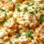 A creamy plate of Chicken Alfredo pasta topped with freshly grated Parmesan cheese, garnished with parsley.