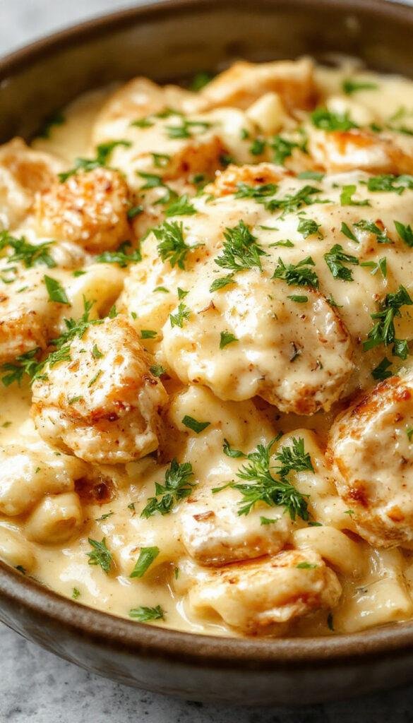 A creamy plate of Chicken Alfredo pasta topped with freshly grated Parmesan cheese, garnished with parsley.