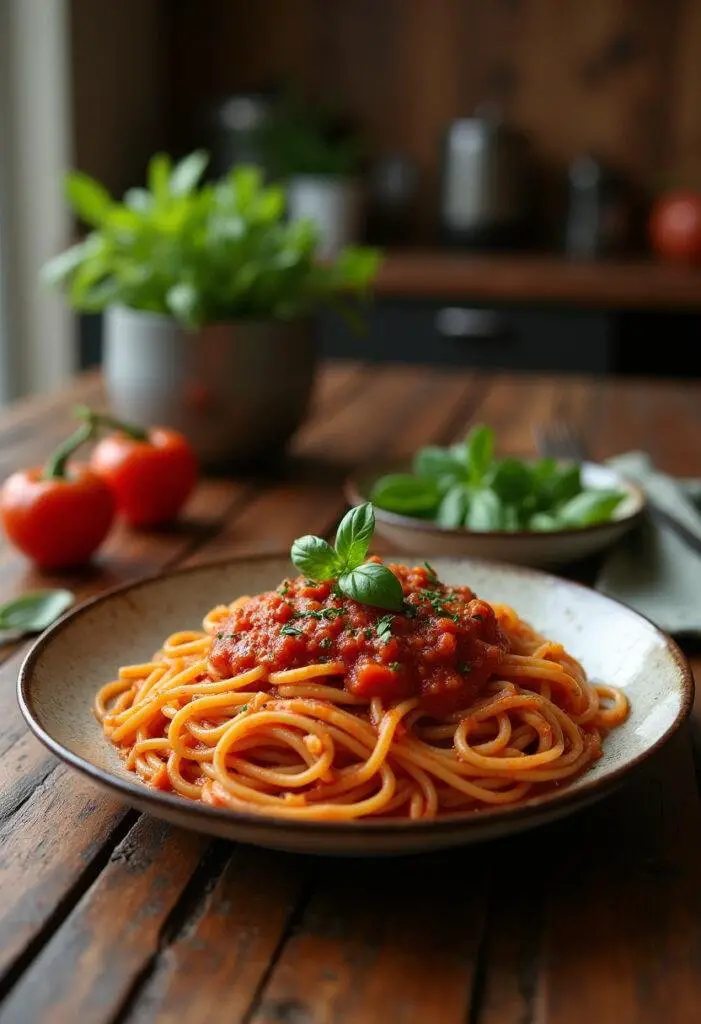 A realistic scene of Assassin’s Spaghetti served on a plate in a cozy home kitchen, featuring vibrant red sauce, fresh herbs, and a warm, inviting atmosphere.