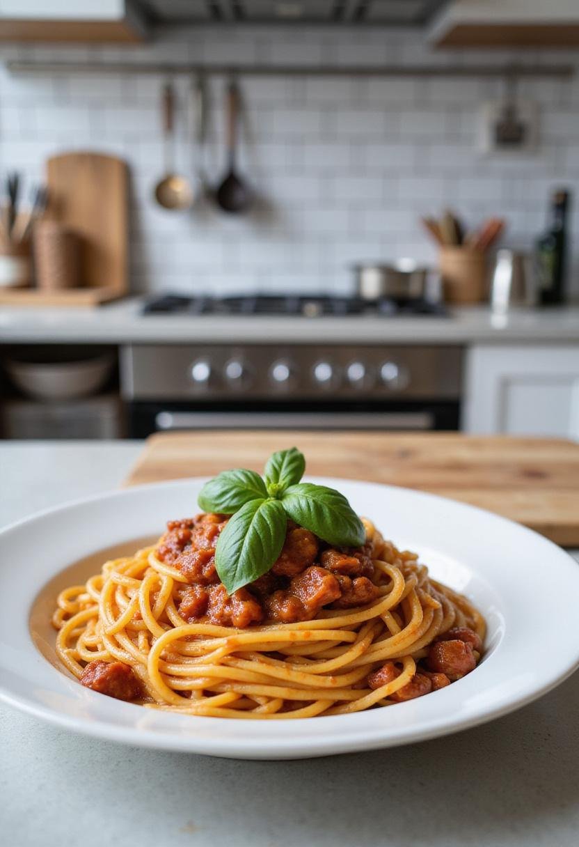 A realistic scene of Assassin’s Spaghetti plated on a kitchen countertop, showcasing vibrant sauce, fresh basil, and a clean, modern kitchen background.