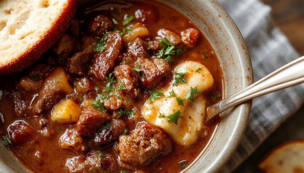 A steaming bowl of classic beef chili, topped with shredded cheese, diced onions, and a sprig of cilantro. The rich, thick chili has visible chunks of seasoned beef, beans, and tomatoes, served in a rustic ceramic bowl on a wooden surface with a spoon resting on the side.