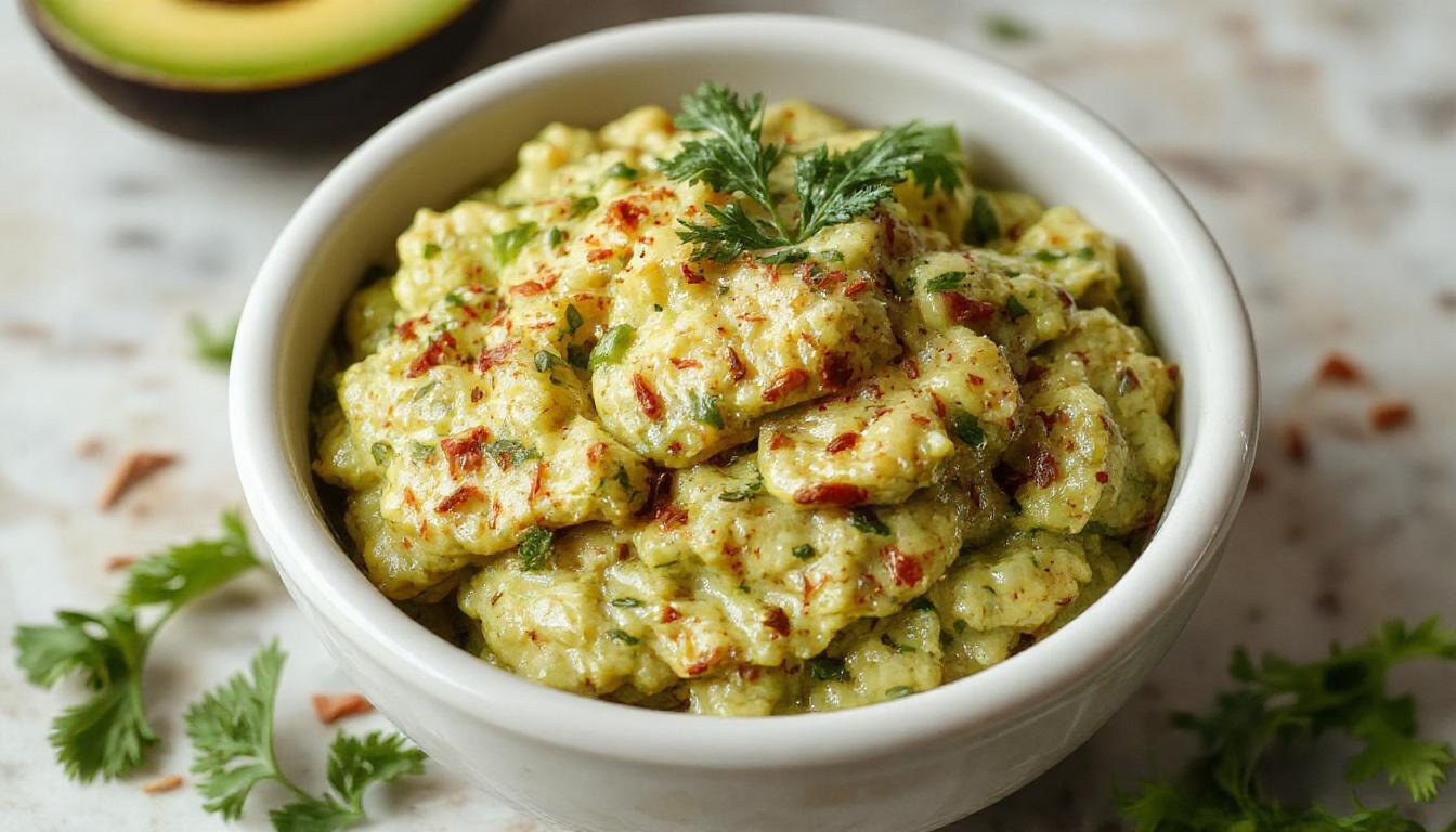 A vibrant bowl of homemade guacamole featuring mashed avocados with visible chunks, diced tomatoes, red onion, and cilantro, garnished with a lime wedge on a rustic wooden table, with tortilla chips surrounding the bowl.