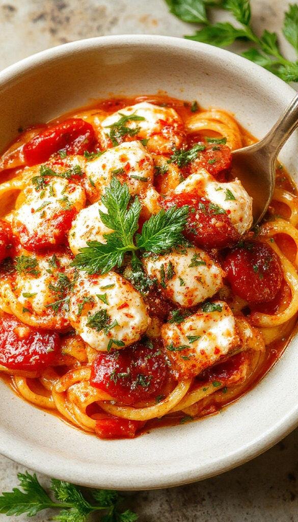 A close-up of a bowl of creamy tomato ricotta pasta garnished with fresh basil and grated cheese, showcasing vibrant red sauce and pasta twirls.