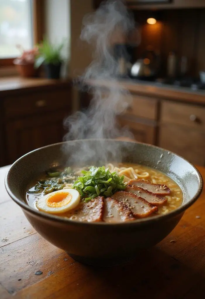 A realistic image of Tonkotsu Ramen in a cozy home kitchen, showing a bowl of creamy pork broth with chashu pork slices, soft boiled egg, green onions, and bamboo shoots, creating an inviting and hearty meal scene.