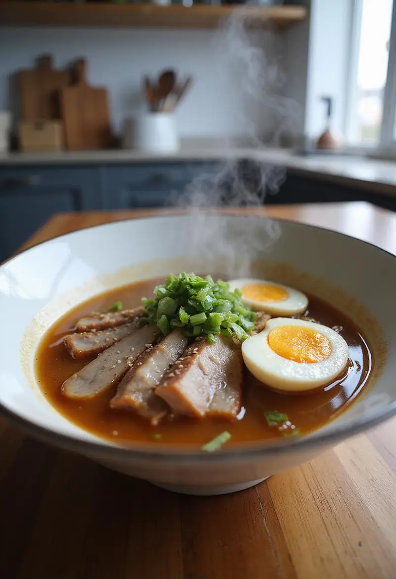 A realistic image of Tonkotsu Ramen on a kitchen counter, showing a bowl filled with flavorful broth, pork slices, soft boiled egg, and fresh garnishes, highlighting the details of the dish in a modern kitchen environment.