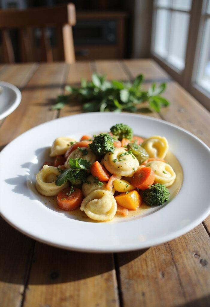 Tortellini with summer vegetables served on a white plate, garnished with herbs, in a cozy home setting with natural lighting and rustic wooden table.
