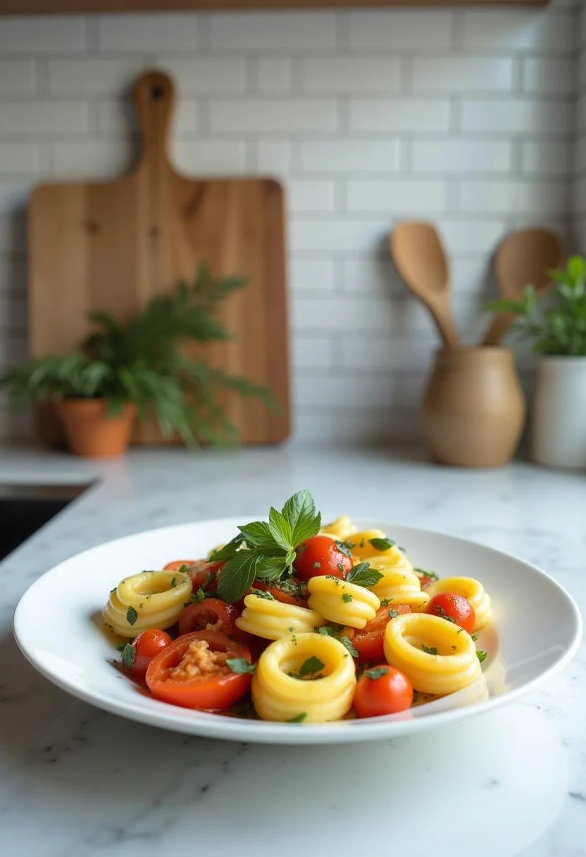 Tortellini with fresh summer vegetables served on a plate in a modern kitchen setting, with colorful ingredients and kitchen details visible, showcasing a delicious and seasonal pasta dish.