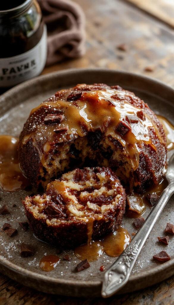 A warm serving of traditional sticky toffee pudding topped with a caramel sauce and a scoop of vanilla ice cream beside it.