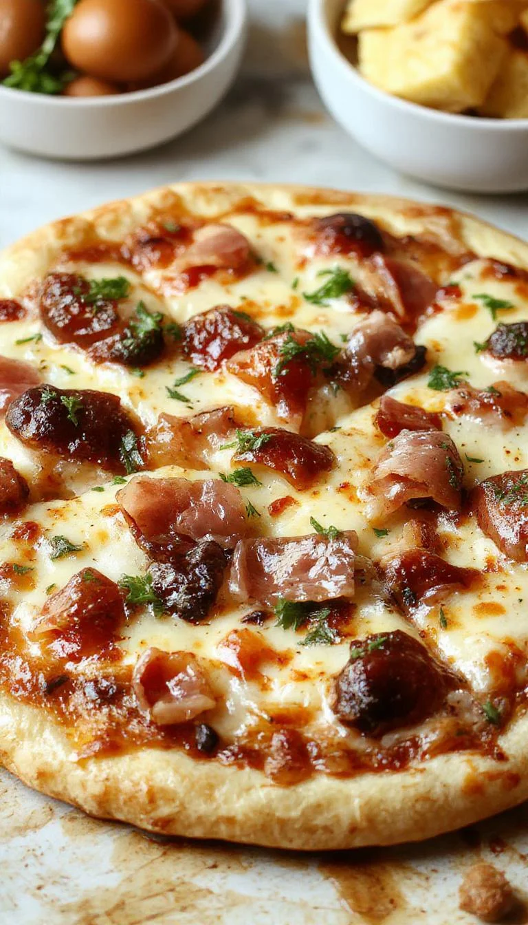 A delicious homemade prosciutto pizza topped with fresh arugula, melted cheese, and crisp prosciutto slices on a golden crust.