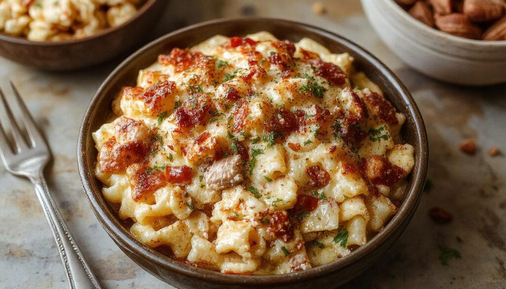 A serving of Tuna Noodle Casserole on a white plate featuring tender egg noodles mixed with flaky tuna, topped with a golden-brown breadcrumb crust. Garnished with a sprig of parsley, steam rises gently from the dish, highlighting its creamy texture and hearty appearance.