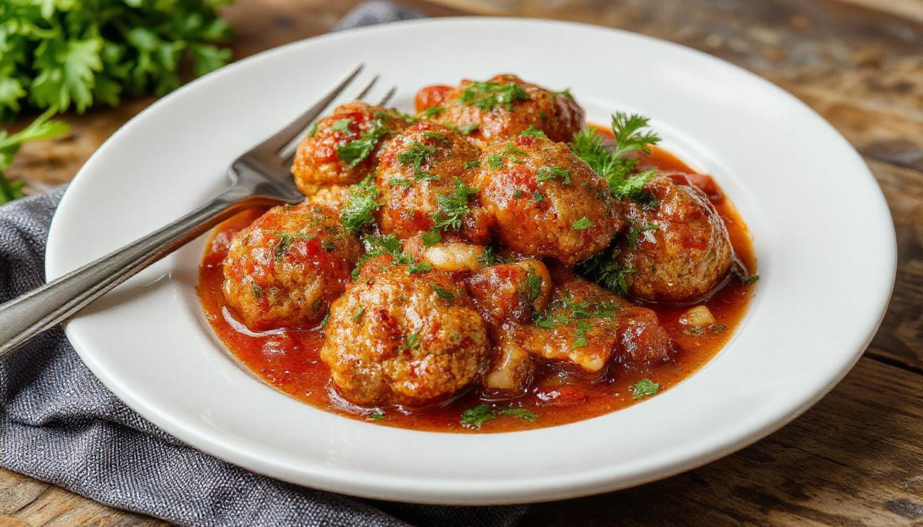 A close-up of turkey meatballs served in a rich marinara sauce, garnished with fresh basil leaves on a white plate, showcasing their golden-brown exterior and juicy interior.
