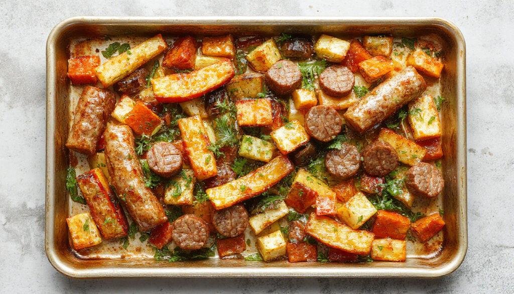 A vibrant sheet pan filled with assorted roasted vegetables including bell peppers, zucchini, and cherry tomatoes, alongside golden-brown sausage links, all arranged in a tidy, colorful presentation with slight char marks for a freshly roasted look.
